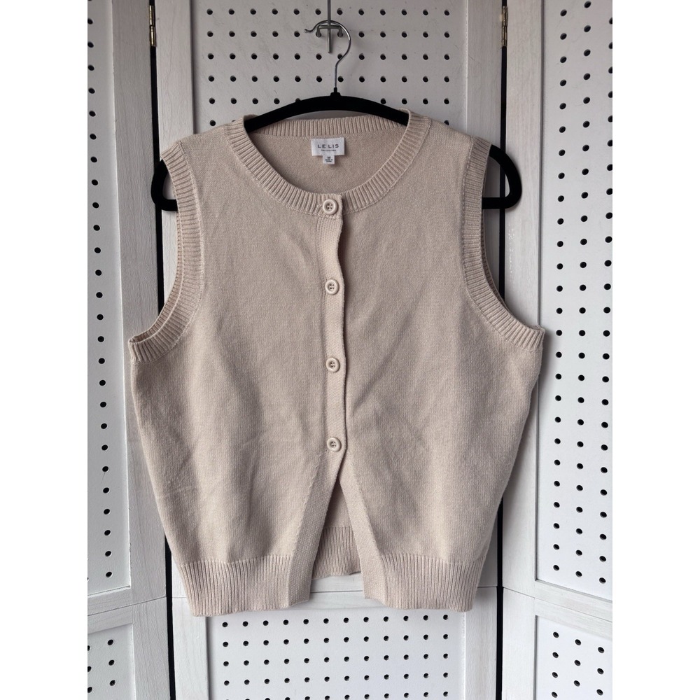 LE LIS Women's M Beige‎ 4 Button Sweater Vest Rayon Poly Nylon Classic Preppy